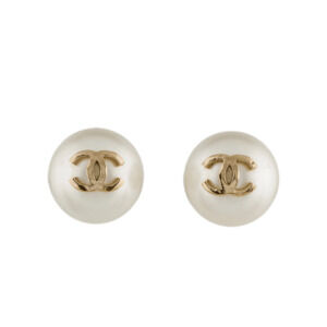 Chanel Golf-tone White Faux Pearl CC Stud Earrings